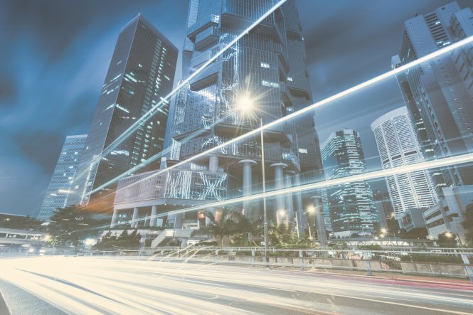 View of cityscape with speed lines across the center — enterprise communication tools