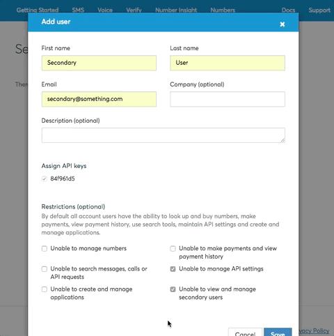 nexmo secondary user management