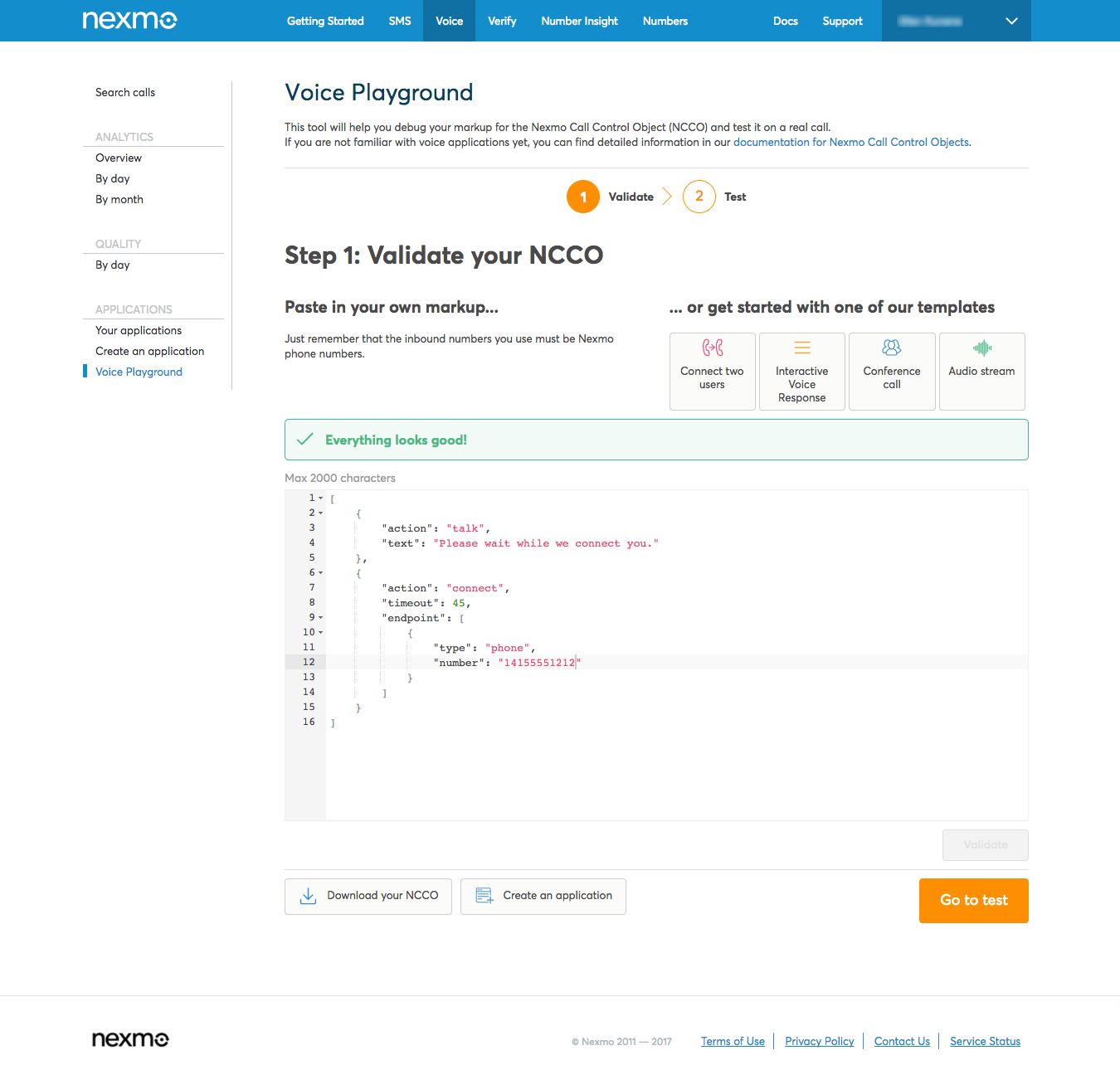 Voice Playground - validate NCCO