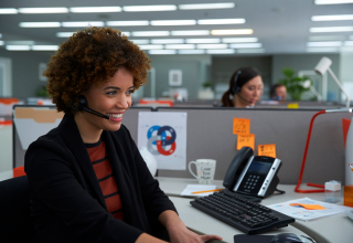  A smiling woman in an office, using a headset to speak on the telephone.